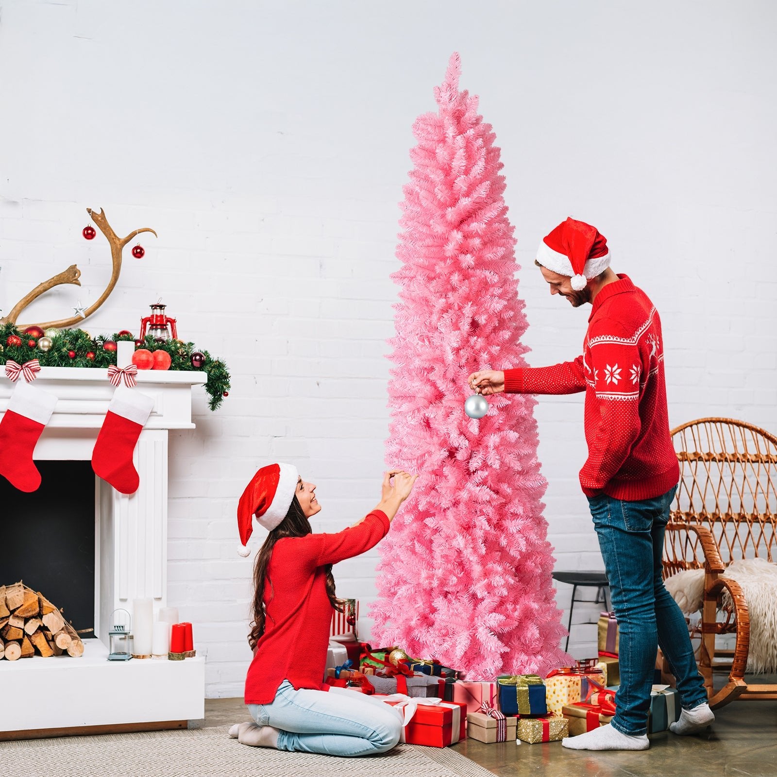 7.5 FT Hinged Christmas Tree, Artificial Pencil Christmas Tree, Unlit Artificial Christmas Pine Tree With 1075 Branch Tips And Sturdy Stand, Pink - Glitch 69