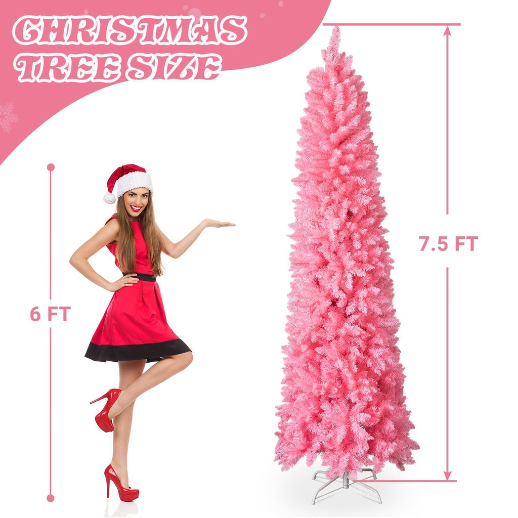 7.5 FT Hinged Christmas Tree, Artificial Pencil Christmas Tree, Unlit Artificial Christmas Pine Tree With 1075 Branch Tips And Sturdy Stand, Pink - Glitch 69