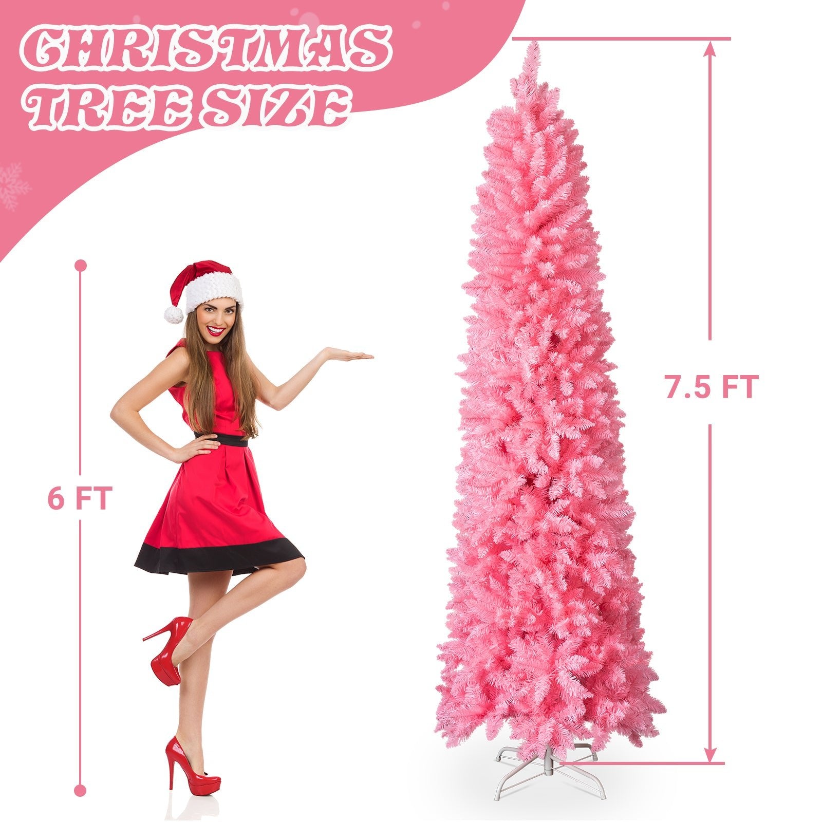7.5 FT Hinged Christmas Tree, Artificial Pencil Christmas Tree, Unlit Artificial Christmas Pine Tree With 1075 Branch Tips And Sturdy Stand, Pink - Glitch 69