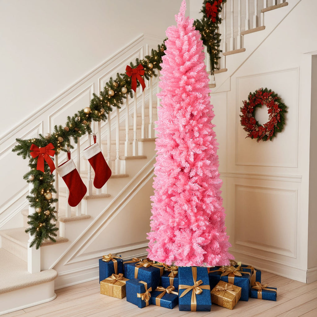 7.5 FT Hinged Christmas Tree, Artificial Pencil Christmas Tree, Unlit Artificial Christmas Pine Tree With 1075 Branch Tips And Sturdy Stand, Pink - Glitch 69