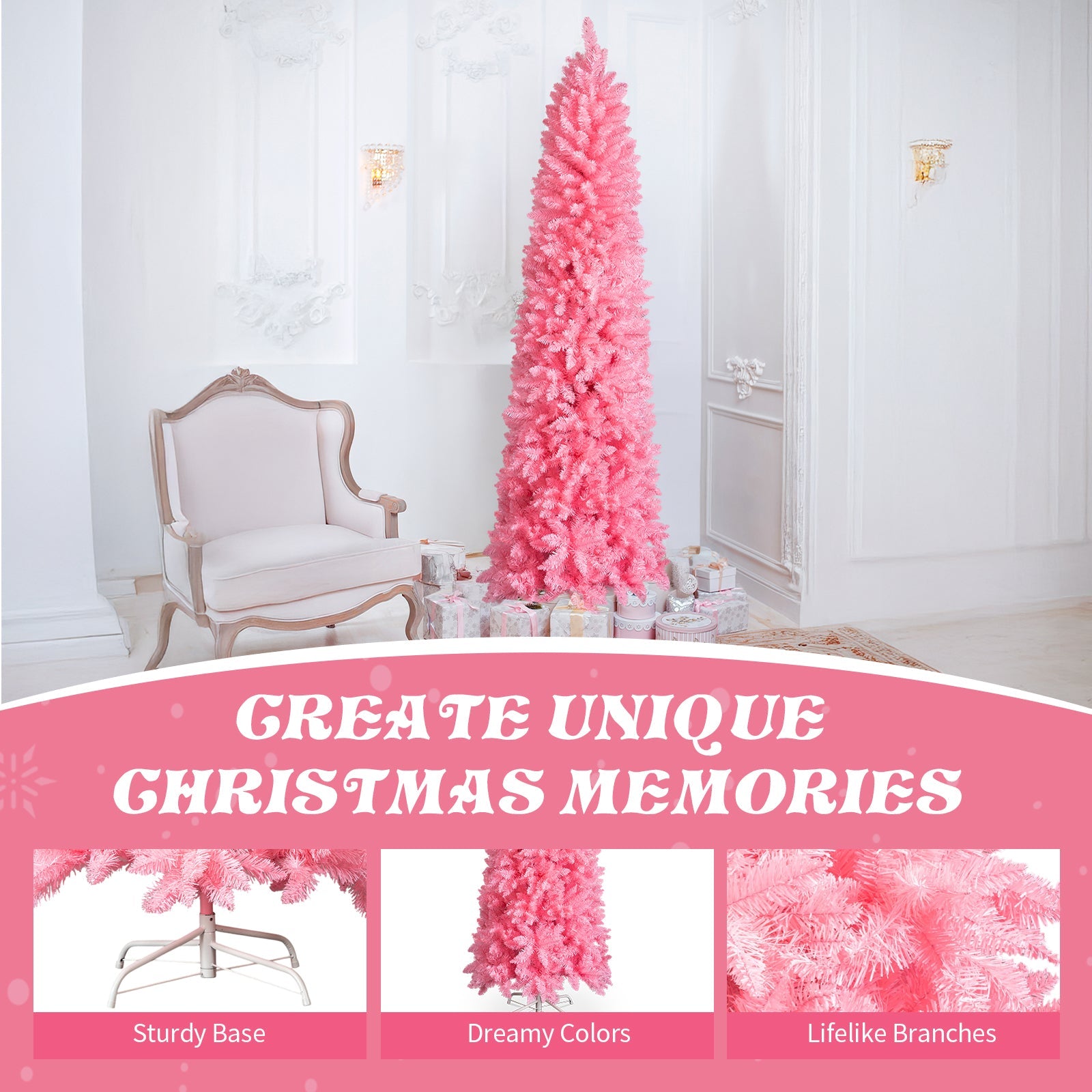 7.5 FT Hinged Christmas Tree, Artificial Pencil Christmas Tree, Unlit Artificial Christmas Pine Tree With 1075 Branch Tips And Sturdy Stand, Pink - Glitch 69
