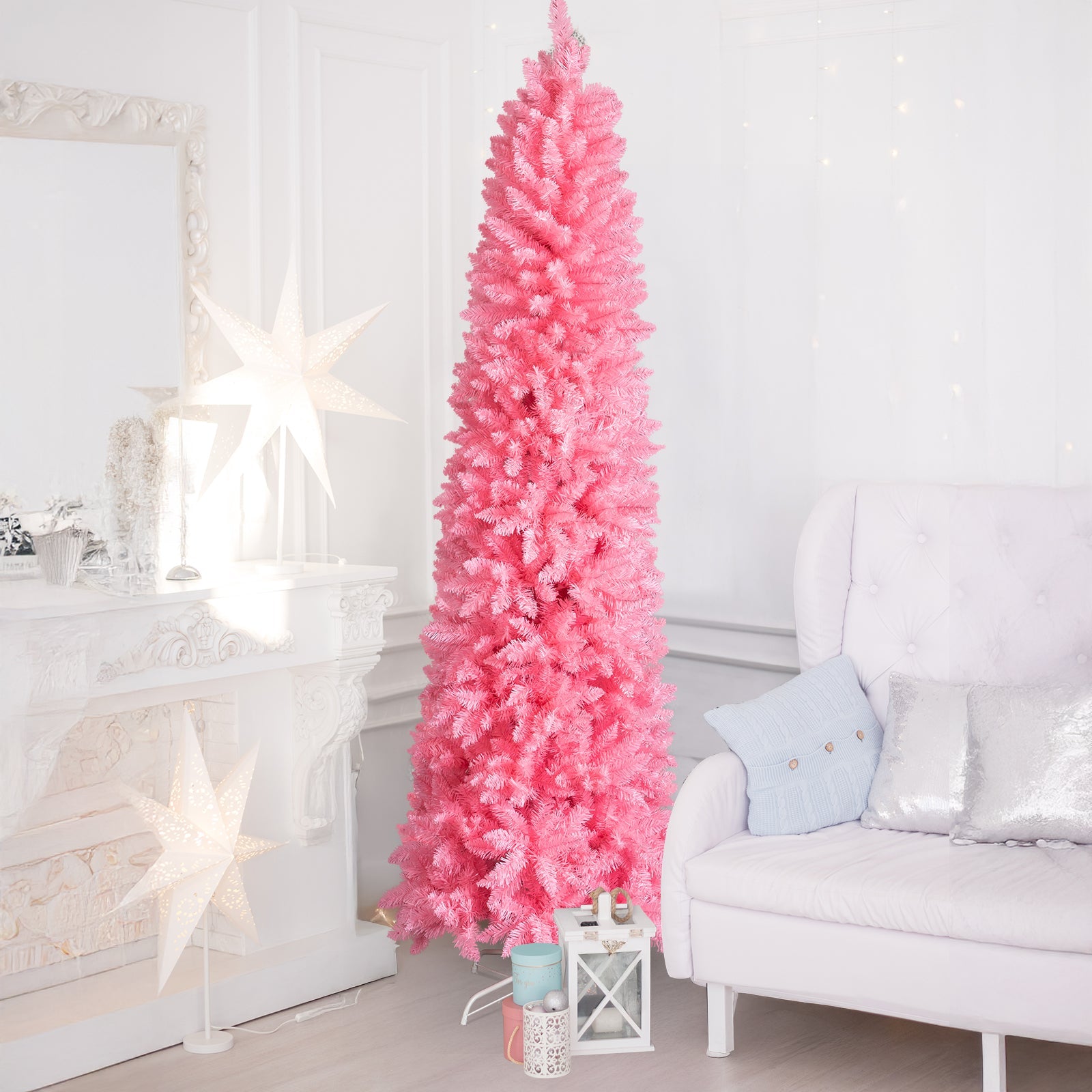 7.5 FT Hinged Christmas Tree, Artificial Pencil Christmas Tree, Unlit Artificial Christmas Pine Tree With 1075 Branch Tips And Sturdy Stand, Pink - Glitch 69