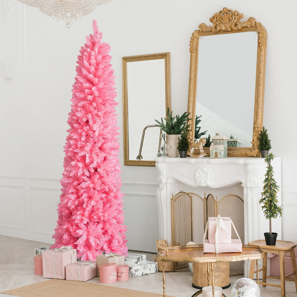 7.5 FT Hinged Christmas Tree, Artificial Pencil Christmas Tree, Unlit Artificial Christmas Pine Tree With 1075 Branch Tips And Sturdy Stand, Pink - Glitch 69