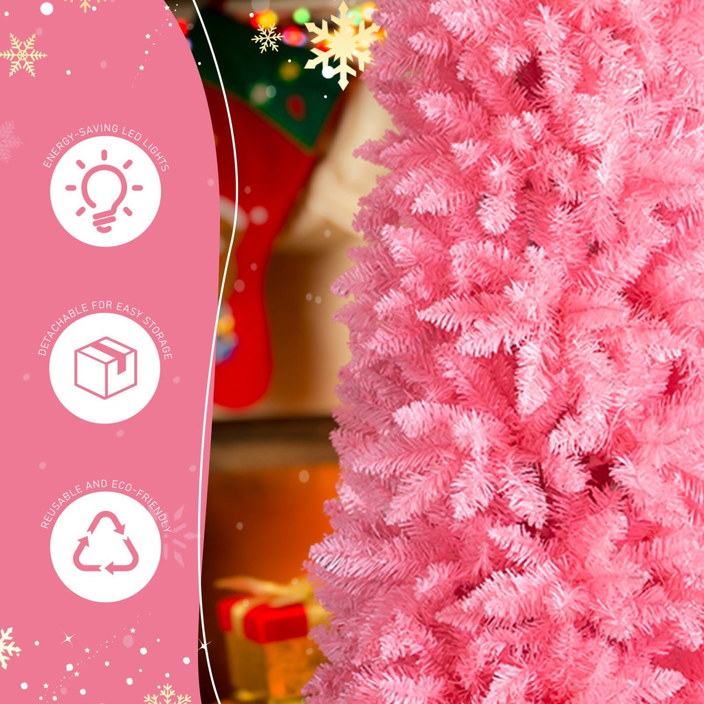 7.5 FT Hinged Christmas Tree, Artificial Pencil Christmas Tree, Unlit Artificial Christmas Pine Tree With 1075 Branch Tips And Sturdy Stand, Pink - Glitch 69