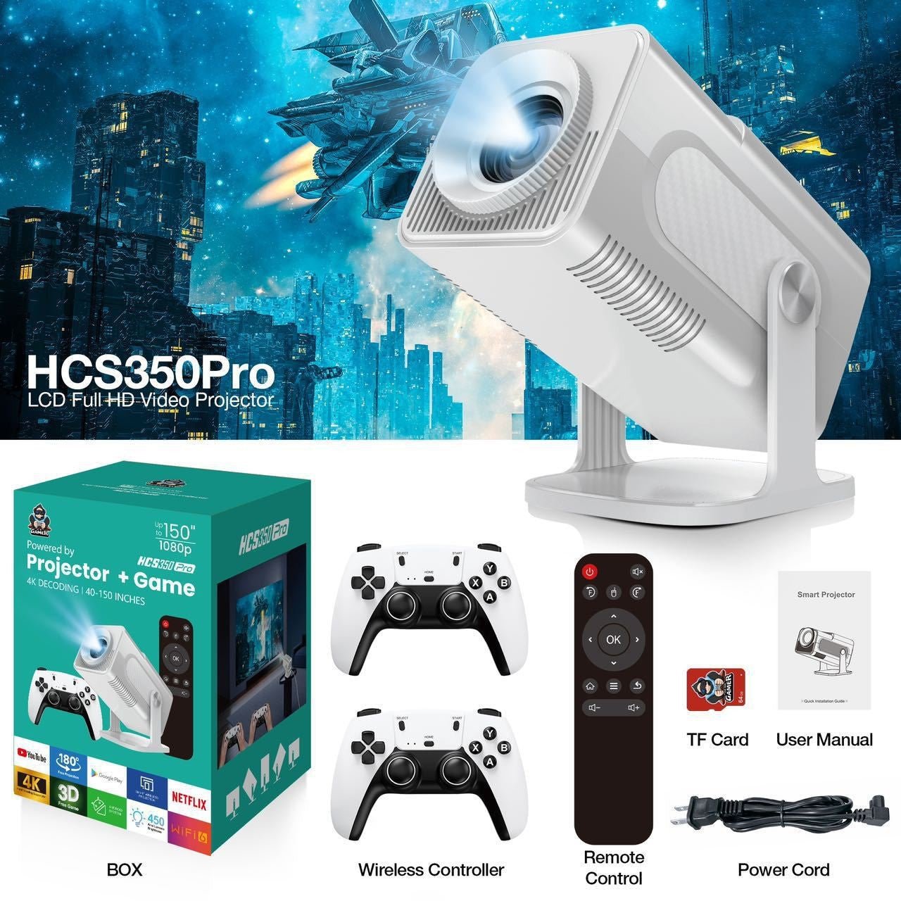 Cross border hot selling HCS350Pro projector PSP mini game console Android WiFi high - definition 4K mini projector - Glitch 69