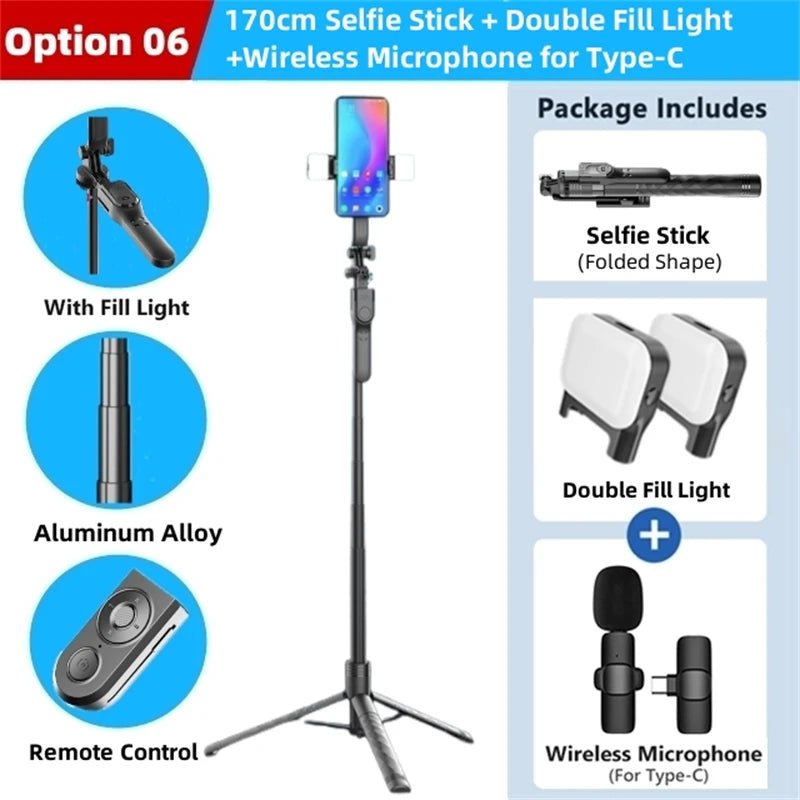 FANGTUOSI 1750mm Wireless Selfie Stick Tripod Stand Foldable Monopod With Led Light For Smartphones Balance Steady Shooting Live - Glitch 69