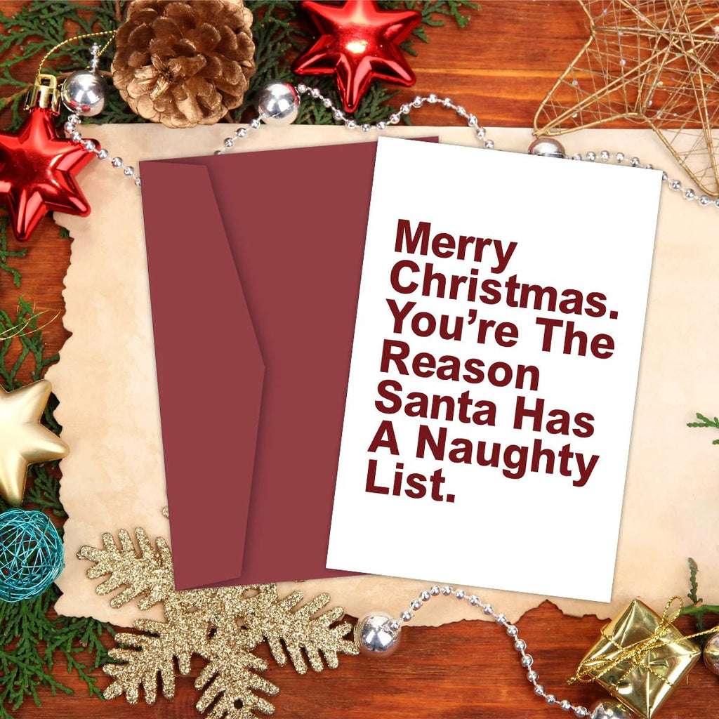 Humorous Christmas Greeting Card with Envelope,"You're The Reason Santa Has A Naughty List,Funny Christmas Card for Kids Friends - Glitch 69