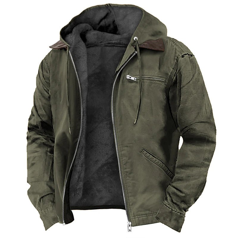 Solid color hooded cotton jacket for casual men's wear with velvet zipper pocket jacket - Glitch 69