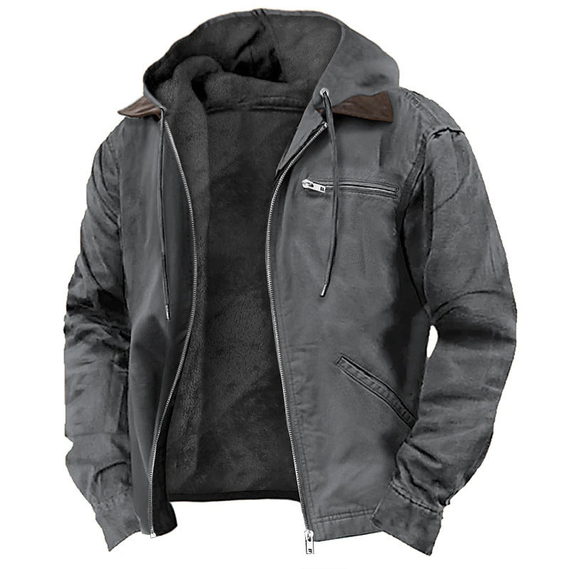 Solid color hooded cotton jacket for casual men's wear with velvet zipper pocket jacket - Glitch 69