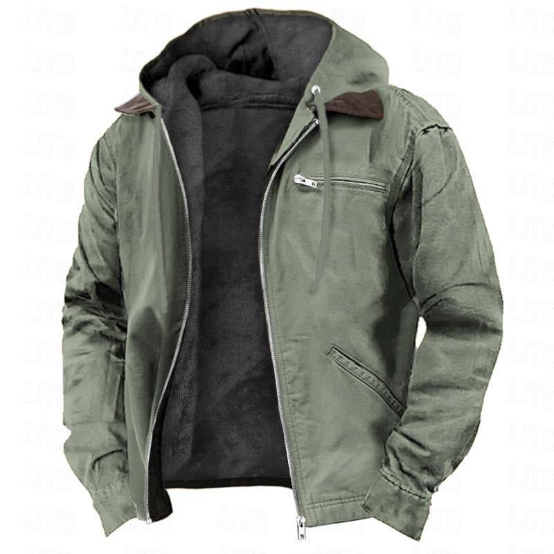 Solid color hooded cotton jacket for casual men's wear with velvet zipper pocket jacket - Glitch 69