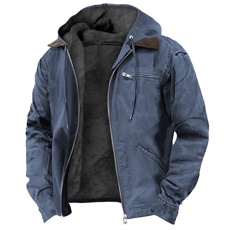 Solid color hooded cotton jacket for casual men's wear with velvet zipper pocket jacket - Glitch 69