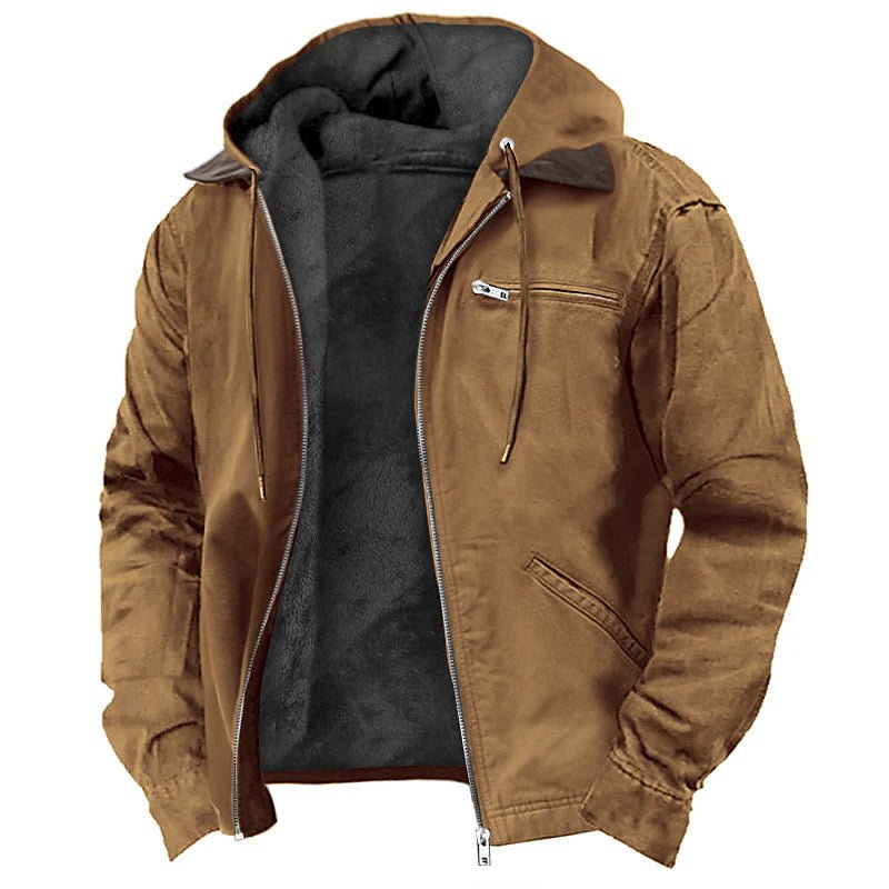 Solid color hooded cotton jacket for casual men's wear with velvet zipper pocket jacket - Glitch 69